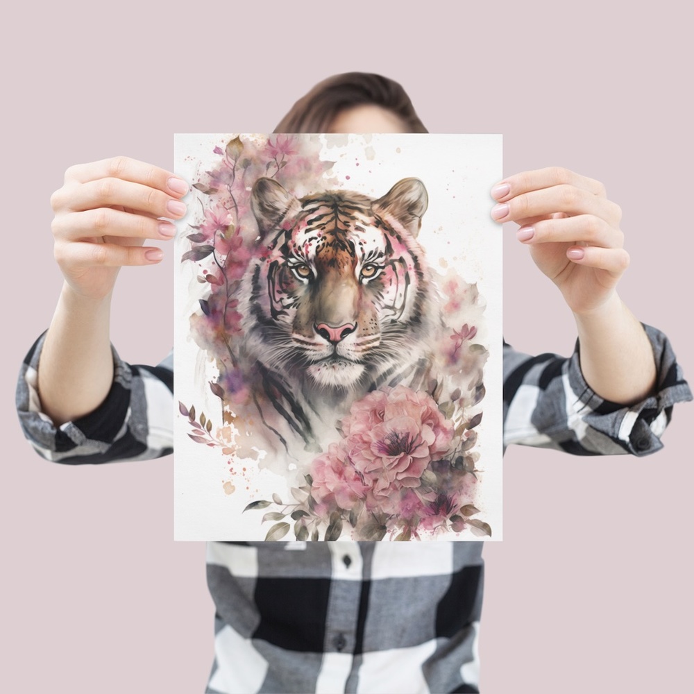 Floral Tiger Watercolor Wall Art Illustration Print Poster Card Unframed - Picture 4 of 6